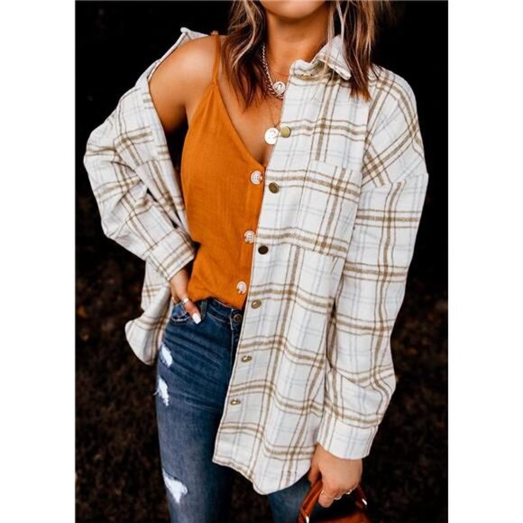 New Women's Fall Plaid Shacket Jacket Long Sleeve Button Down Flannel Shirts - Picture 4 of 7